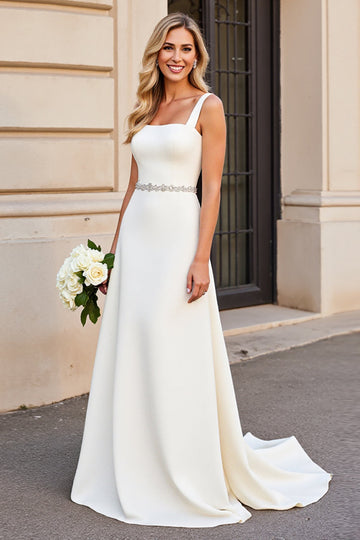 Simple Ivory Beaded Square Neck Long Wedding Dress